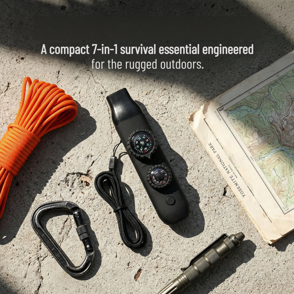 Compact 7-in-1 survival tool with rope, map, and carabiner on a textured surface.