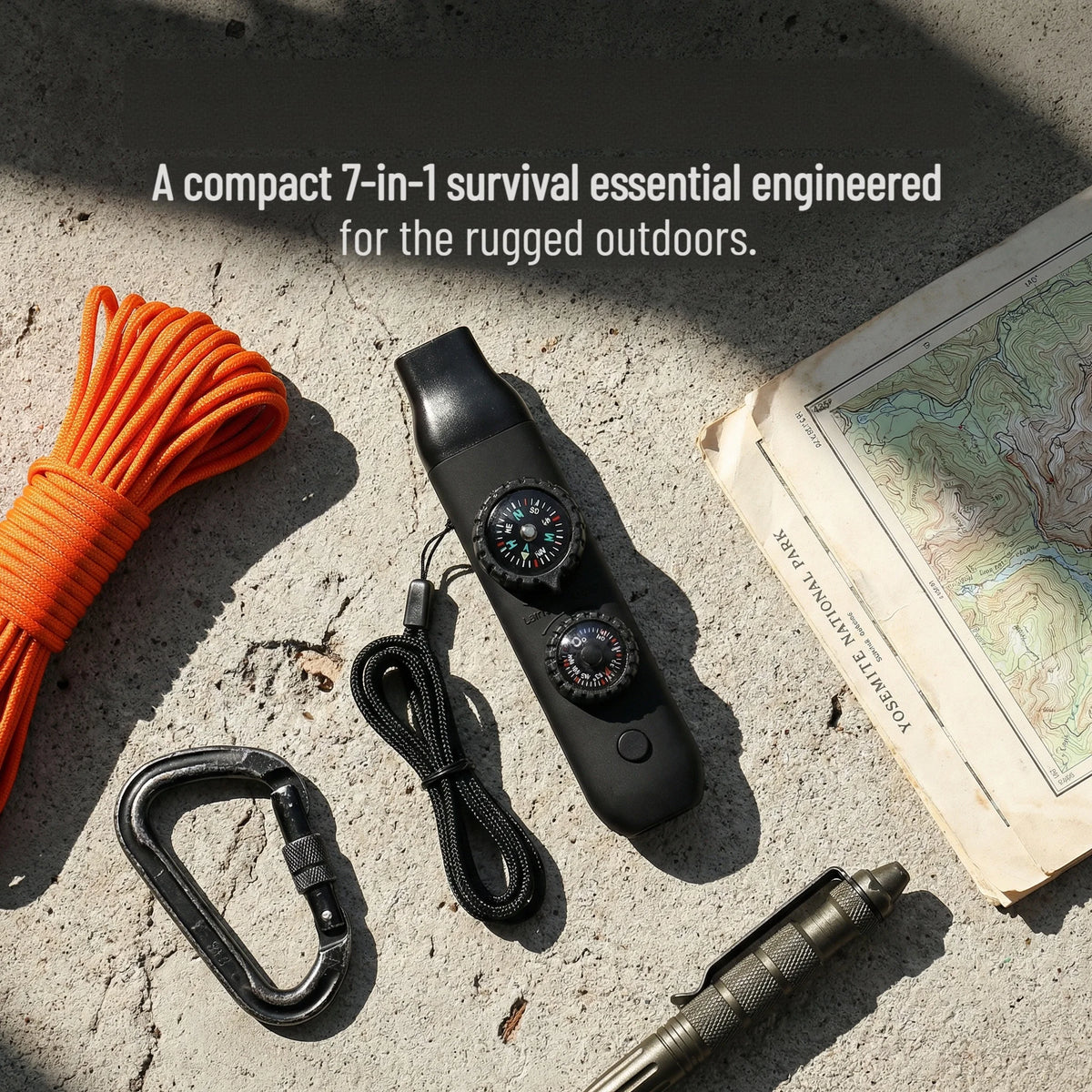 Compact 7-in-1 survival tool with rope, map, and carabiner on a textured surface.