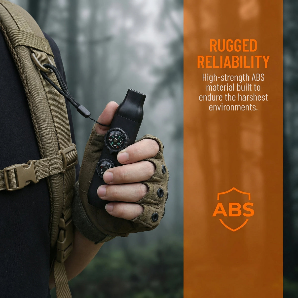 Hand wearing a tactical glove holding a compass, with a backpack and forest background.
