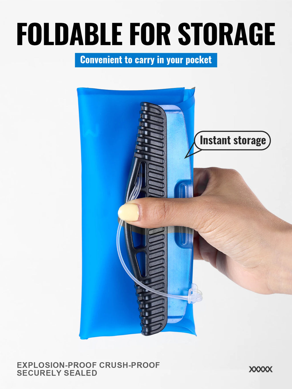 A hand holds a blue foldable storage pouch with a black ribbed handle and clear strap. Large text reads 'FOLDABLE FOR STORAGE' and 'Instant storage,' with additional feature claims at the bottom on a light gray background.