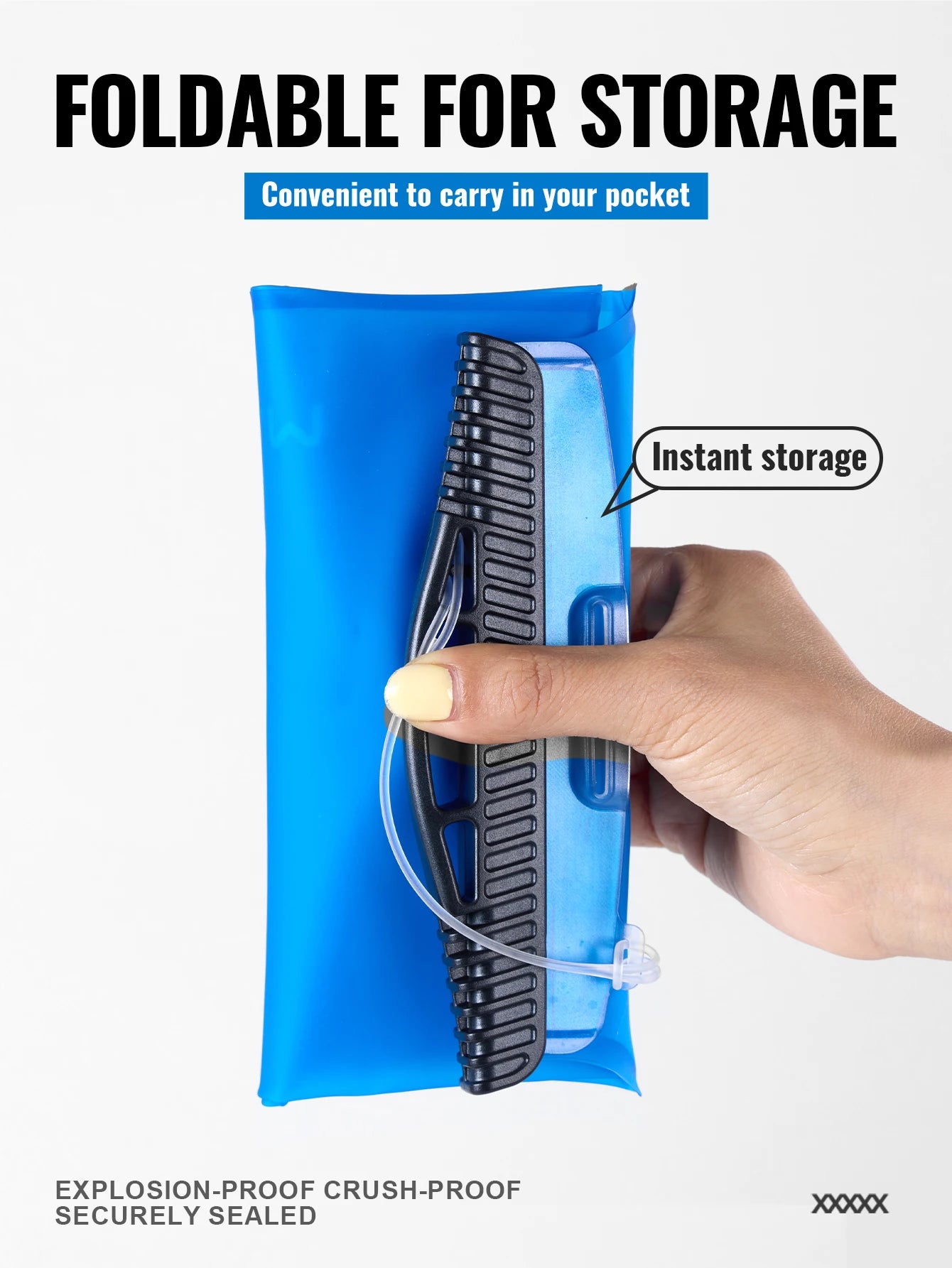 A hand holds a blue foldable storage pouch with a black ribbed handle and clear strap. Large text reads 'FOLDABLE FOR STORAGE' and 'Instant storage,' with additional feature claims at the bottom on a light gray background.