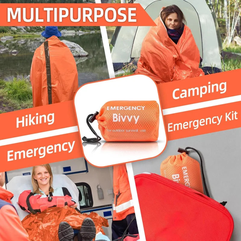 Emergency bivvy with text indicating its use for camping, hiking, and emergency situations.