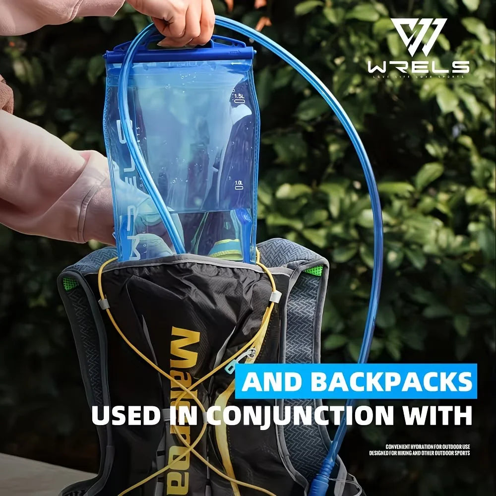 A close-up outdoor shot shows a translucent blue hydration reservoir being held over a black and gray backpack with a blue drinking tube. A person's hands are visible, and the background is green foliage.