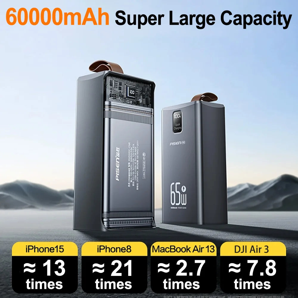 Power bank with 60000mAh capacity and charging time comparison on a desert landscape background
