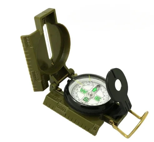 An olive green plastic topographic compass with a black dial cover and brass pull tab, shown open on a white background.