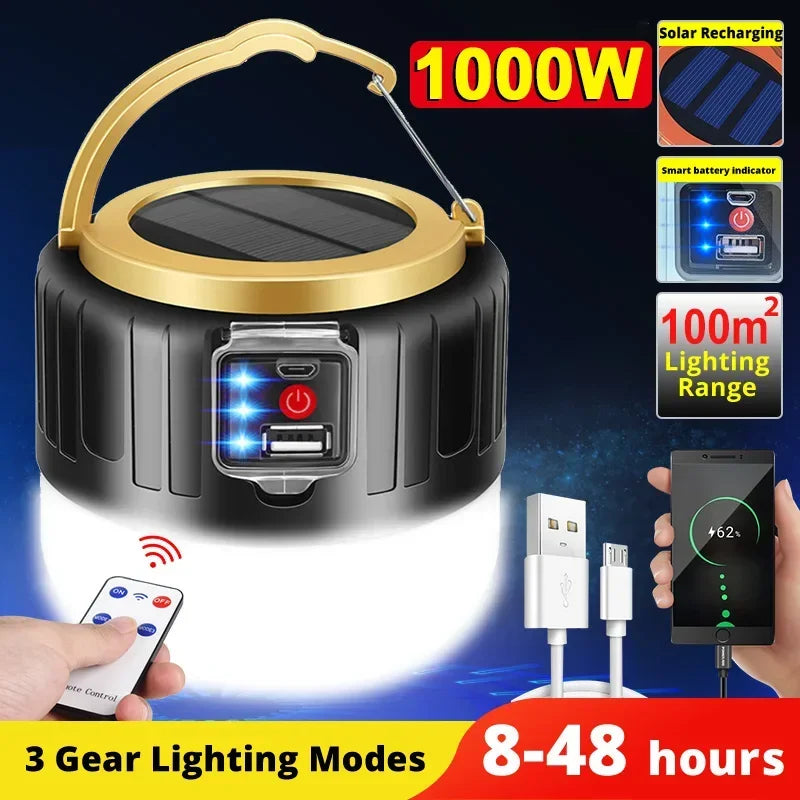Solar-powered camping lantern with charging capabilities and features highlighted on a dark background.
