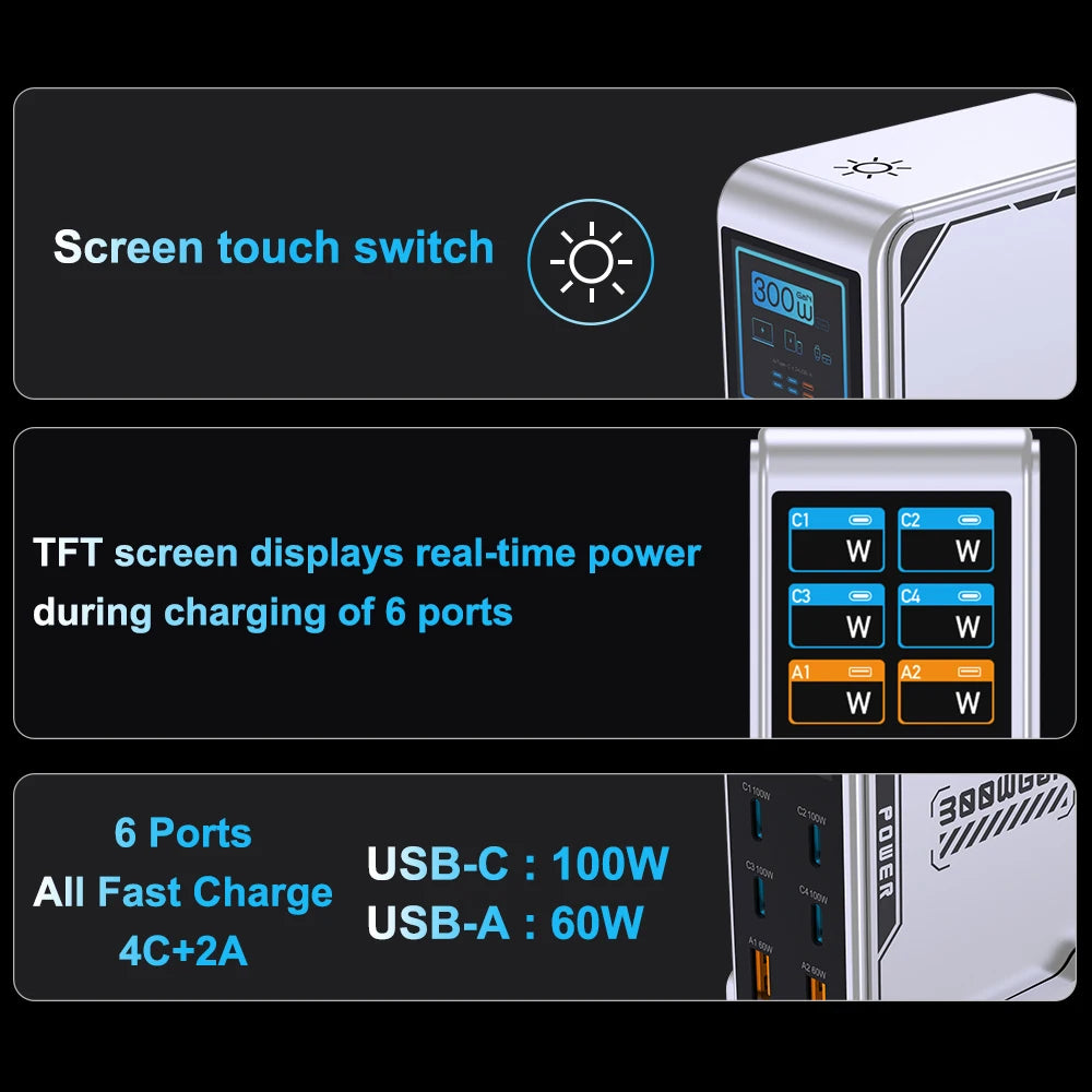 Power station with screen touch switch and TFT display on a black background