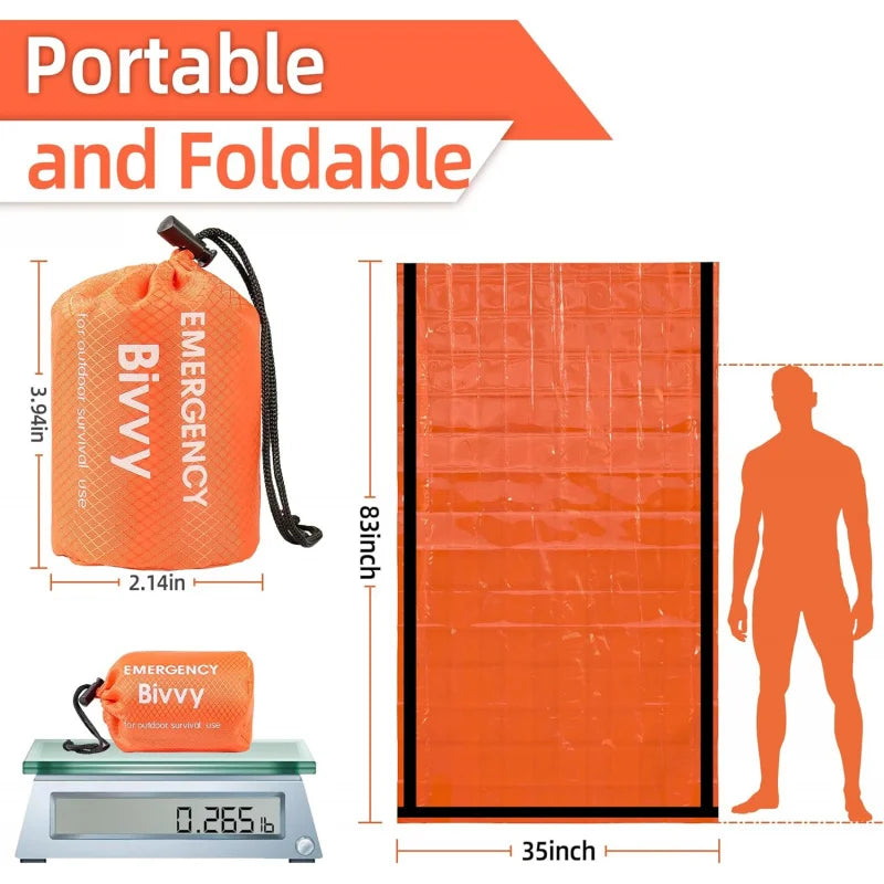 Orange emergency bivvy with dimensions, weight, and a person silhouette for scale.