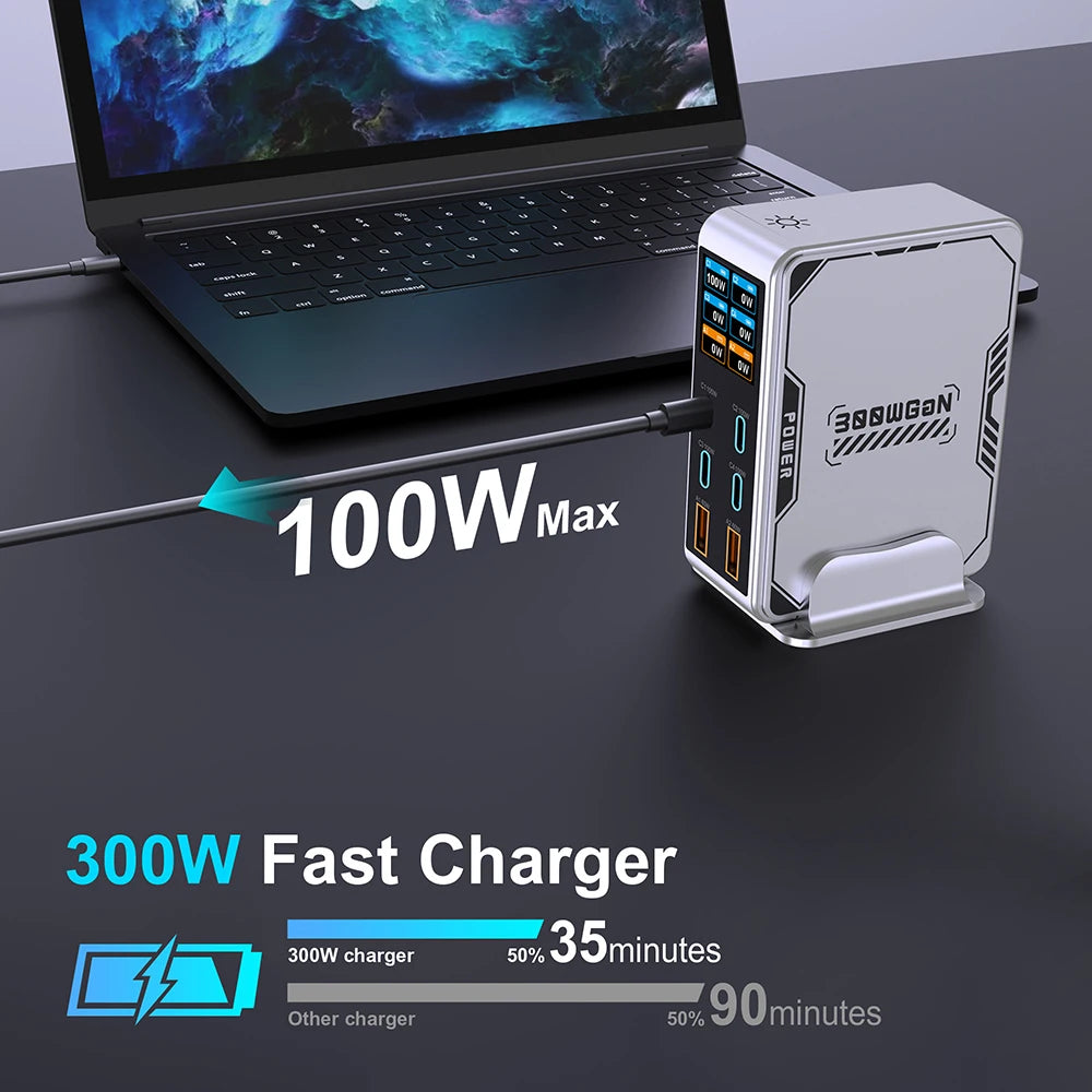300W fast charger with laptop on a dark surface