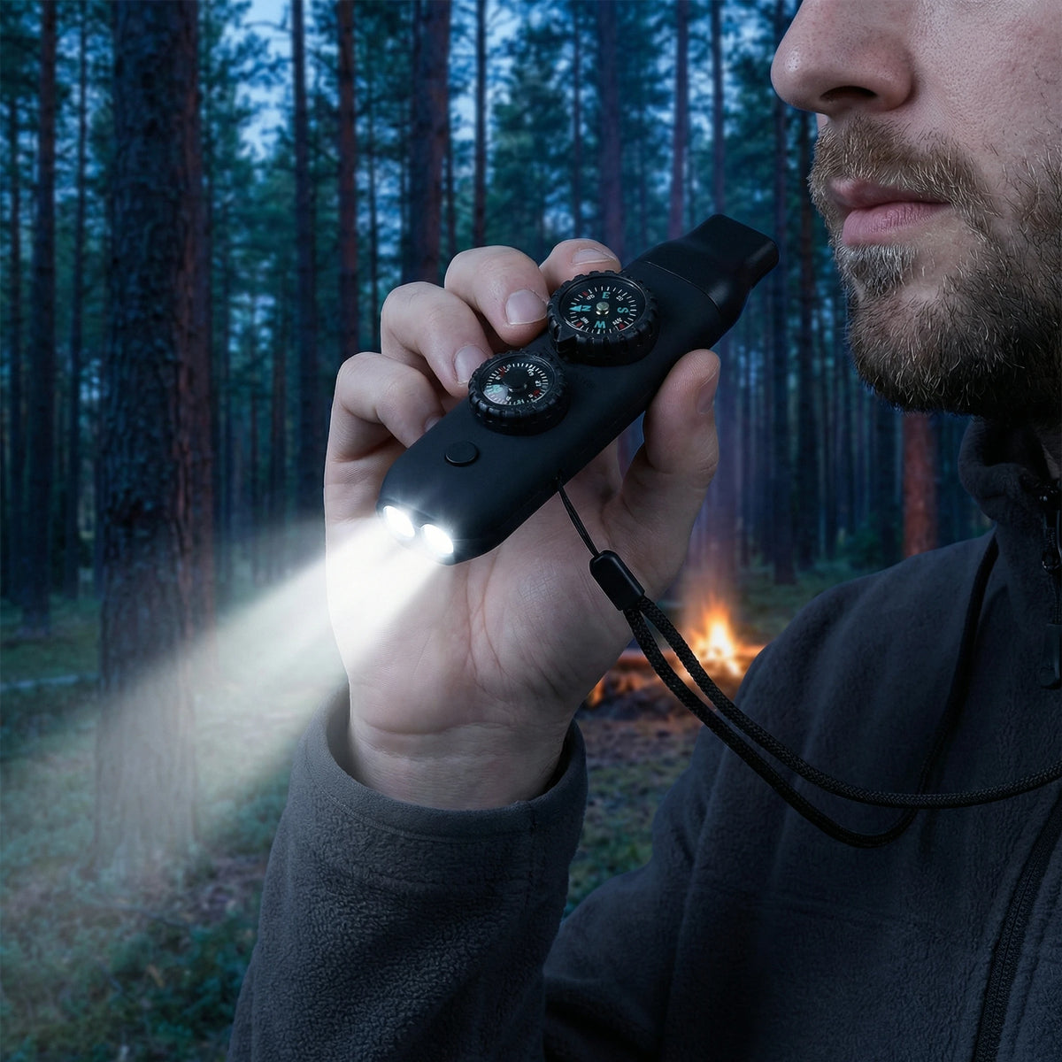 Person holding a device with a flashlight in a forest setting