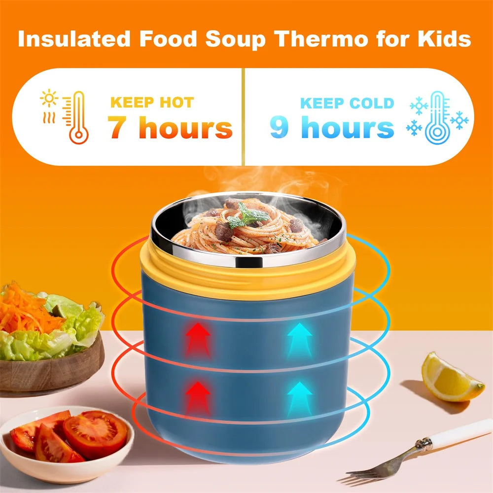 Insulated food soup thermo for kids with heating and cooling time indicators on an orange background.