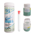 A 16-in-1 drinking water test kit shown on a plain white background, including a large reagent strip bottle, a small clear test tube with a pink cap, a small bottle labeled bacteria test for water, and an open jar of reagents.