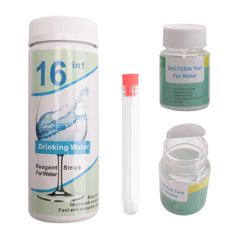 A 16-in-1 drinking water test kit shown on a plain white background, including a large reagent strip bottle, a small clear test tube with a pink cap, a small bottle labeled bacteria test for water, and an open jar of reagents.