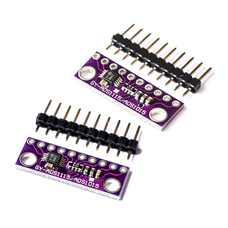 Two electronic sensor modules with purple printed boards, black connector headers, and gold pins, shown on a clean white background.