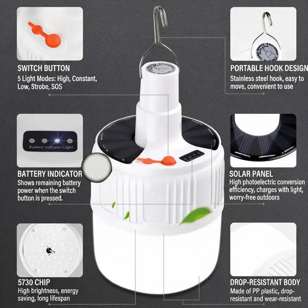 A white and black solar lantern with a hanging hook, shown on a dark gray background with multiple callout panels explaining features such as the switch button, battery indicator, solar panel, 5700 LED chip, and drop-resistant body.