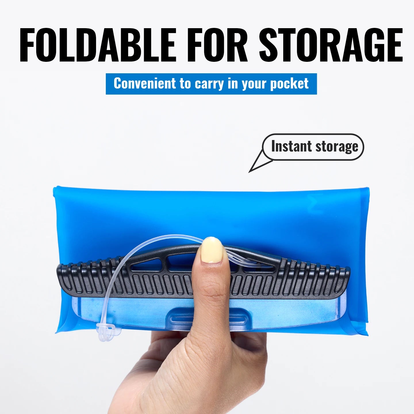 A hand holds a blue foldable waterproof pouch with a clear tube and black handle, with text reading 'FOLDABLE FOR STORAGE' and 'Instant storage' on a white background.
