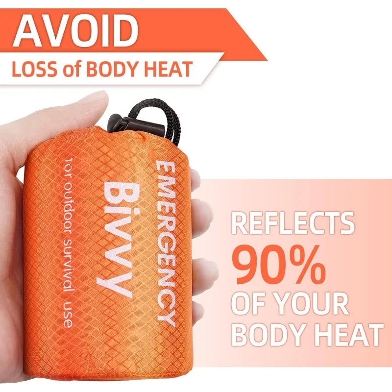 Orange emergency bivvy with text about heat reflection and outdoor survival use.