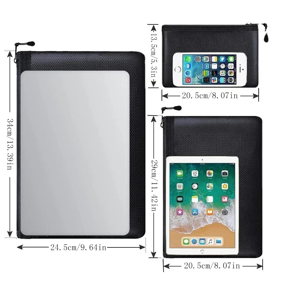 Black pouch with measurements and smartphone and tablet illustrations on a white background
