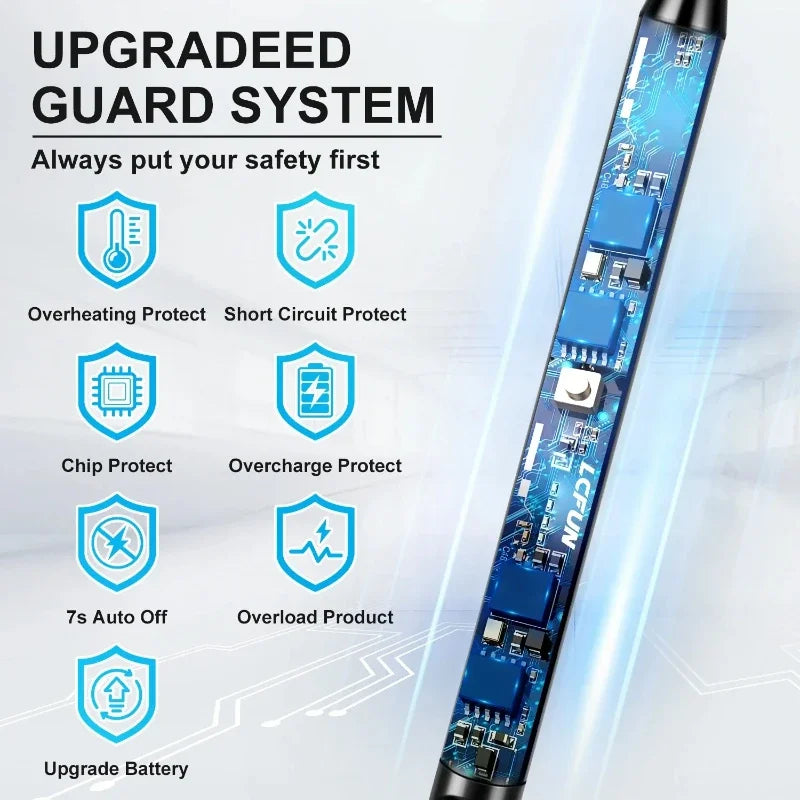 Electronic device with circuitry and safety features highlighted on a light blue background