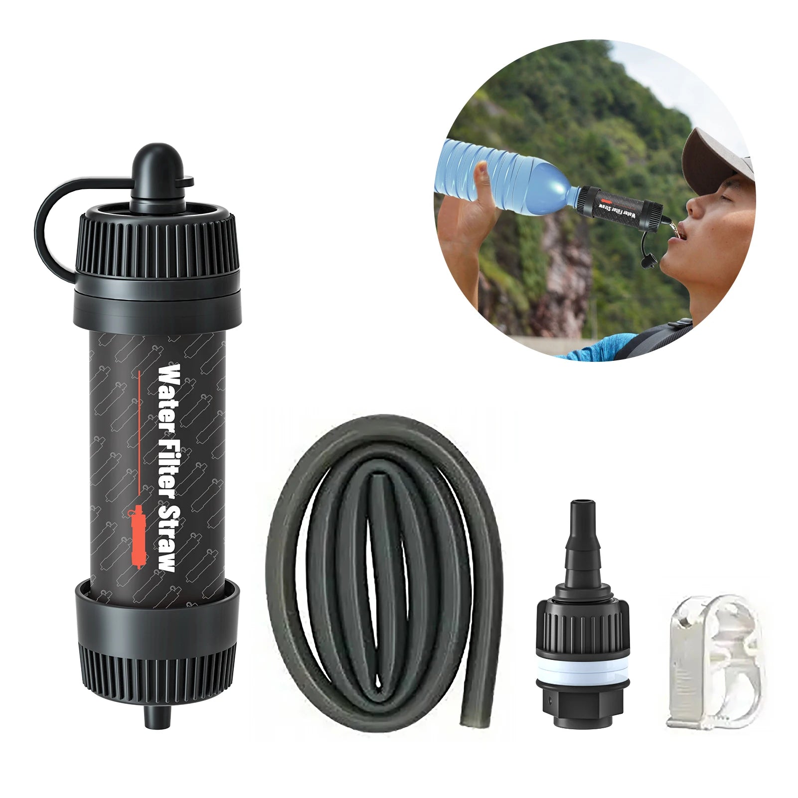 Black water filter straw with hose and additional components on a white background