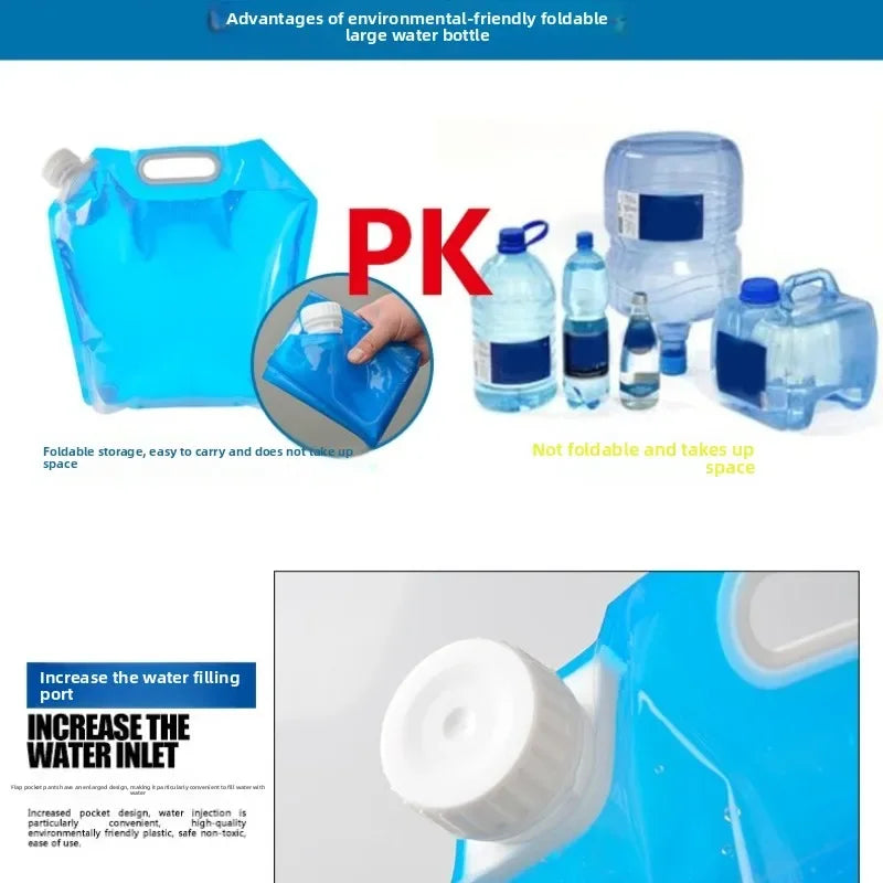 A promotional collage for a blue foldable water bottle. The top section shows the bottle in expanded form alongside several transparent water bottles, with text comparing foldable vs.