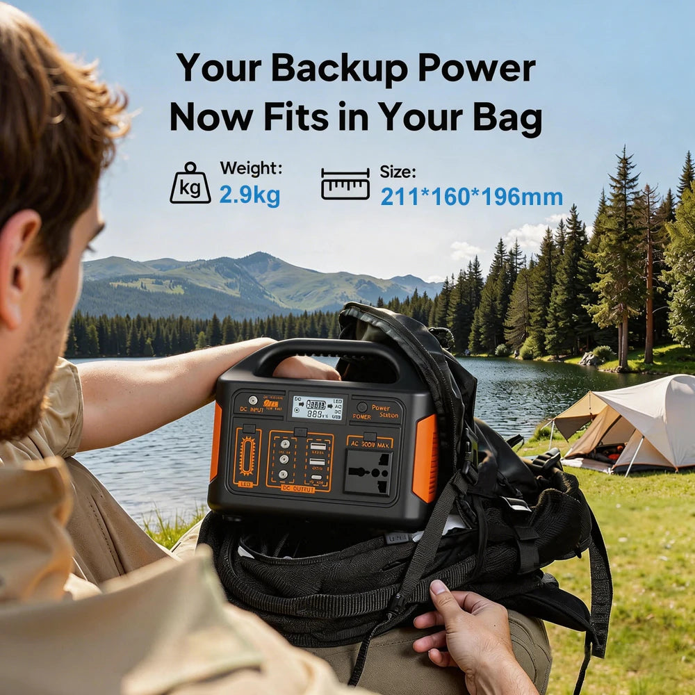 A man outdoors by a lake and mountains packs a portable power station into a black backpack. The image includes text overlays showing the power station's weight (2.