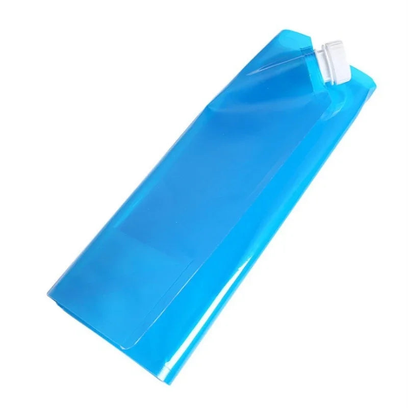 A translucent blue collapsible water bottle or pouch with a white cap, shown on a plain white background.