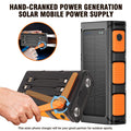 A black and orange solar power bank shown in multiple angles on a white background, with promotional text reading 'HAND-CRANKED POWER GENERATION SOLAR MOBILE POWER SUPPLY' and a circular inset demonstrating hand cranking.