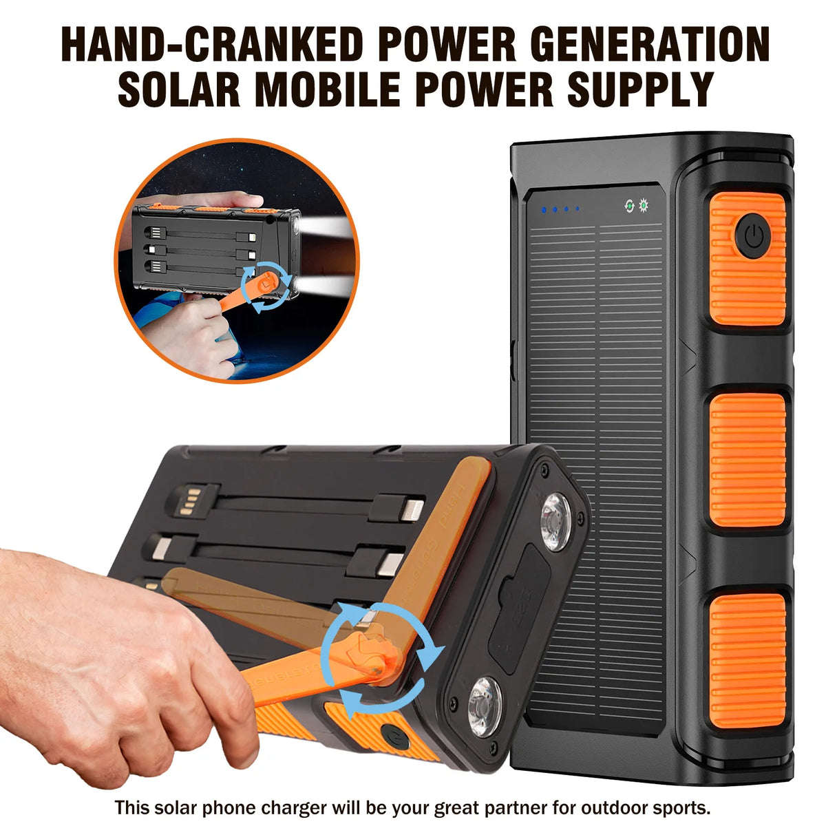 A black and orange solar power bank shown in multiple angles on a white background, with promotional text reading 'HAND-CRANKED POWER GENERATION SOLAR MOBILE POWER SUPPLY' and a circular inset demonstrating hand cranking.
