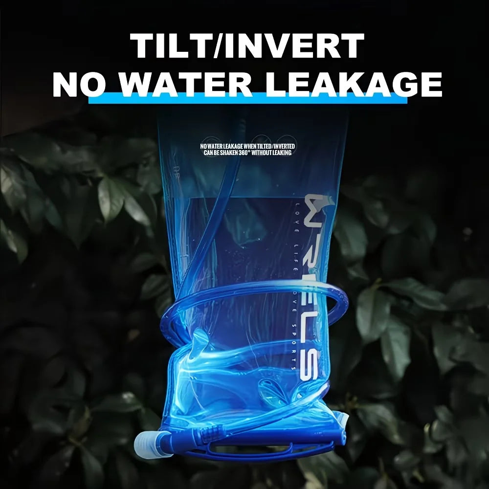 A transparent blue water bag with a tube and cap, shown against a dark leafy background with large text reading 'TILT/INVERT NO WATER LEAKAGE'.