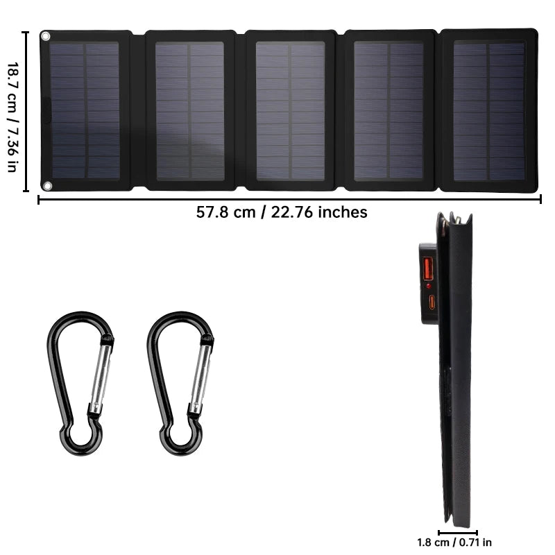 A foldable black solar panel pack shown with dimension labels, two black carabiners, and a side profile view on a white background.