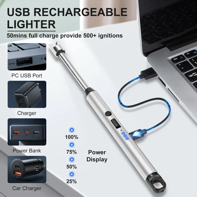 USB rechargeable lighter with charging cable connected to a laptop, showing power display on a white background.