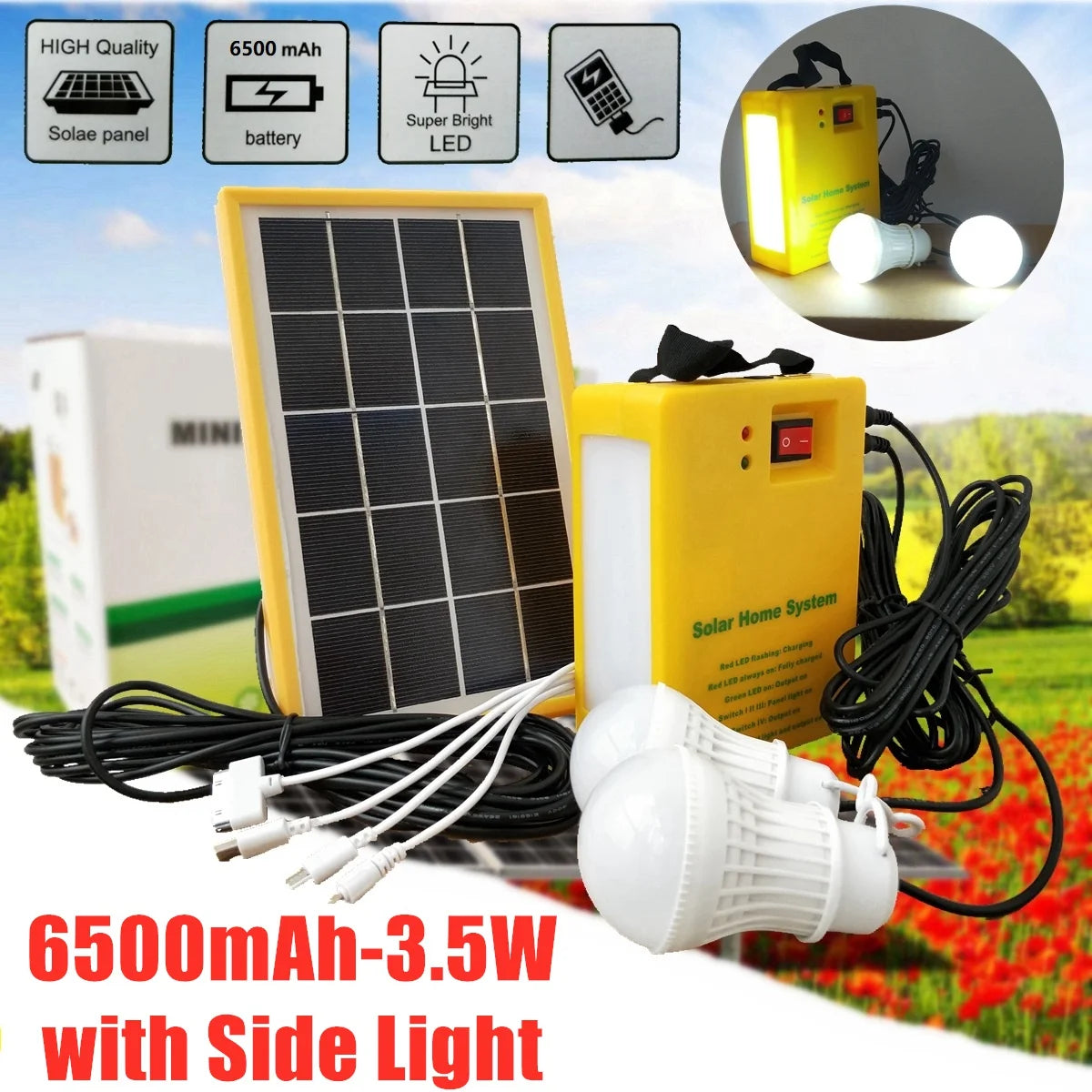 Generator Solar Panel Home System Kit With 3 LED Bulbs Solar Lamp Emergency Light 4 Heads USB Charging for Outdoor Garden