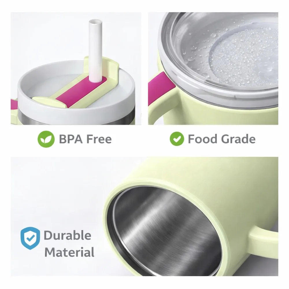 Product with BPA-free, food-grade, and durable material features on a white background
