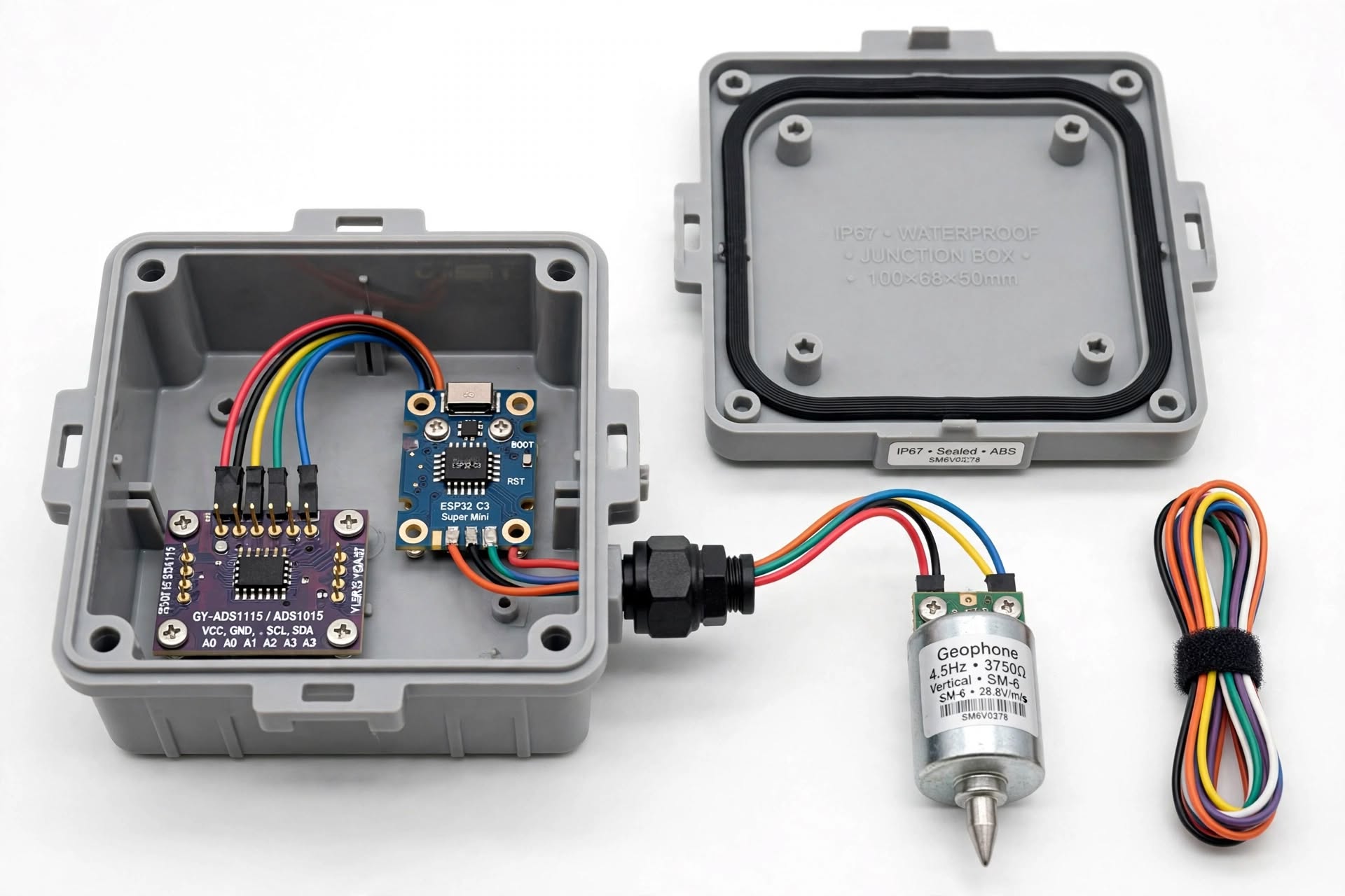 An electronic sensor kit with a gray waterproof junction box shown both open and closed, a small blue circuit board module, a purple signal conditioning board, a small motor, and a coiled multicolor wire harness on a white background.