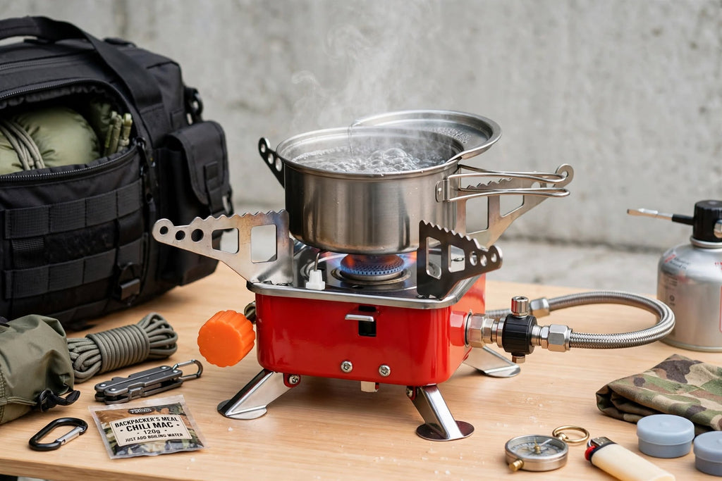 A red portable camping stove with a metal pot of boiling water, set on a wooden table surrounded by outdoor gear including a black backpack, compass, and gas canister.