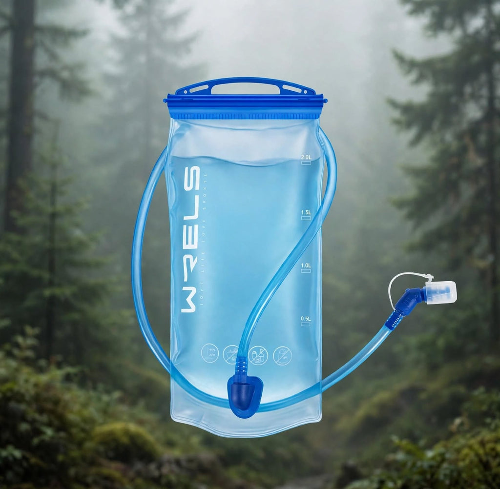A translucent light blue hydration water bag with a blue zipper top, blue carrying handle, and attached blue drinking tube with a clear mouthpiece, shown against a misty forest background. The brand name 'WEELS' is printed vertically on the front.