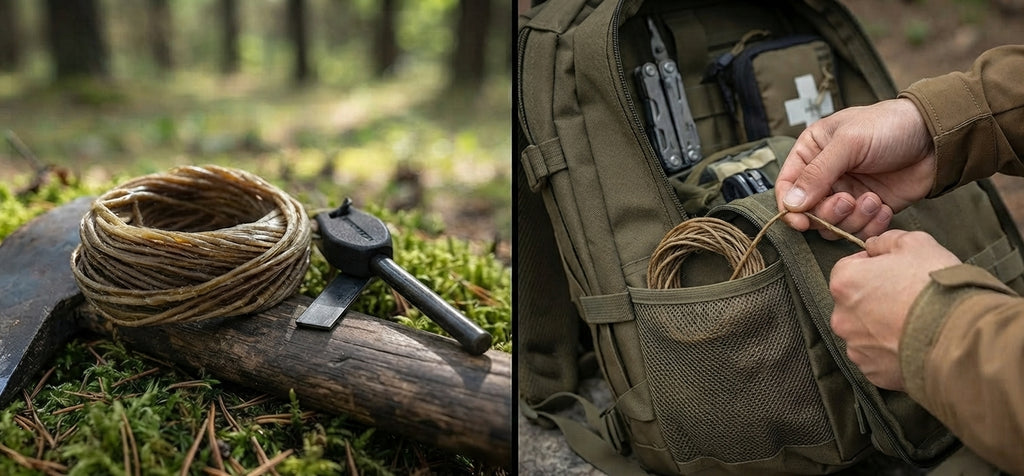 A split-screen view showing a coiled rope and a small black tool on a log in a forest, alongside a close-up of a person's hands accessing a compartment in an olive green backpack containing the same rope and survival gear.