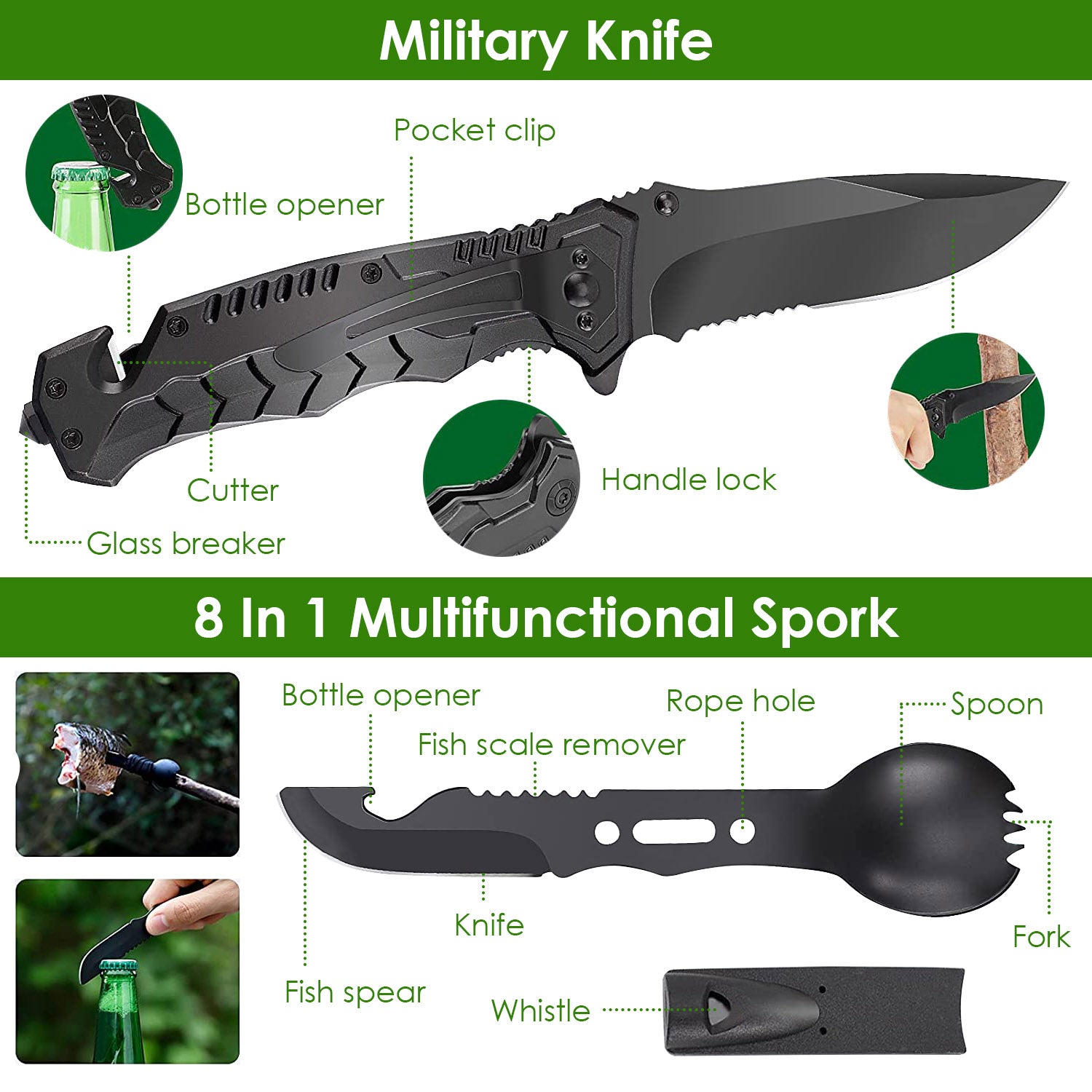 Multifunctional spork with knife blade and spoon handle, featuring various tools on a green background.