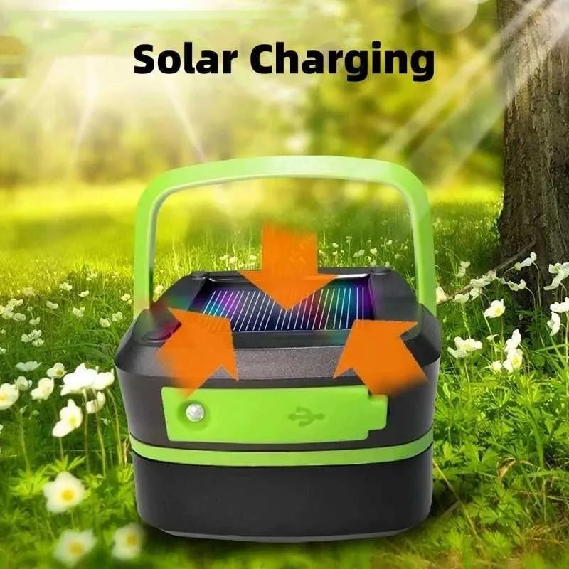 Solar charging device with solar panel on top, surrounded by greenery.