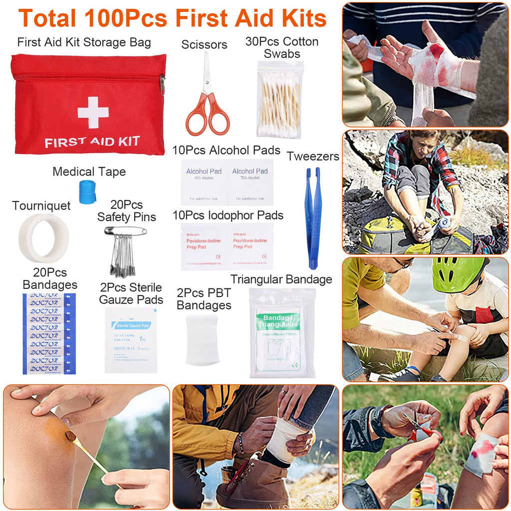 Collage of first aid kit contents and usage scenarios with text overlay.