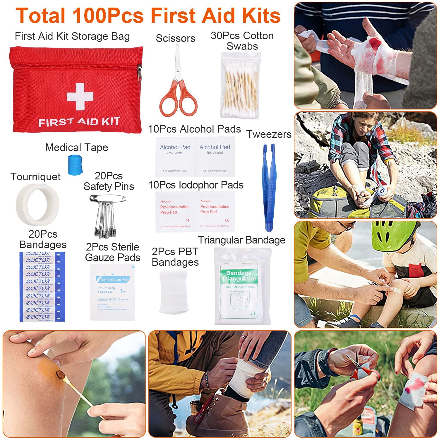 Collage of first aid kit contents and usage scenarios with text overlay.