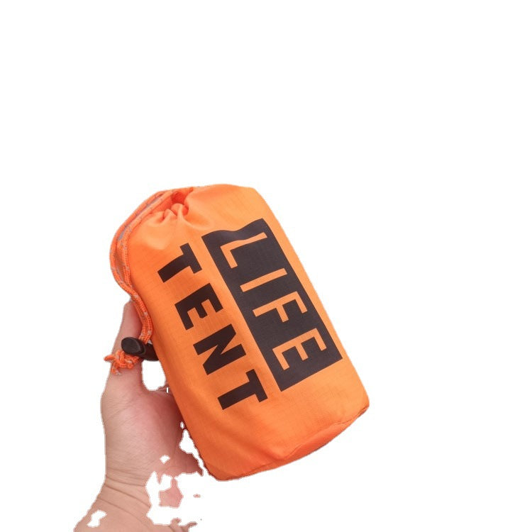Orange 'LIFE TENT' pouch held by a hand on a white background