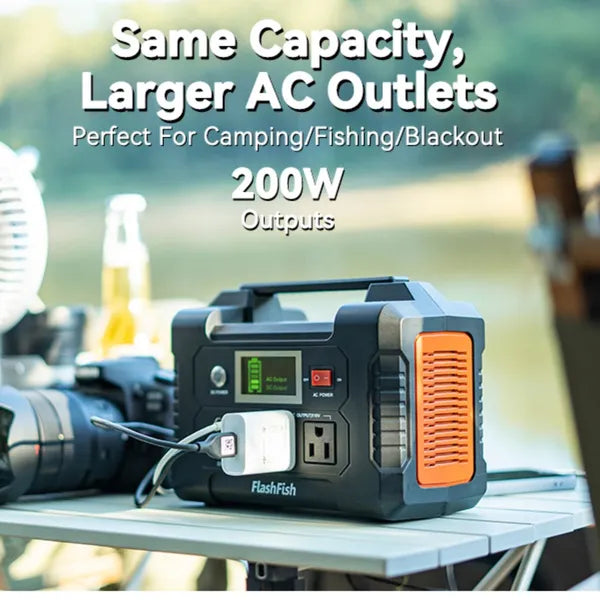 Portable power station with AC outlets on a table outdoors, with text highlighting its features.