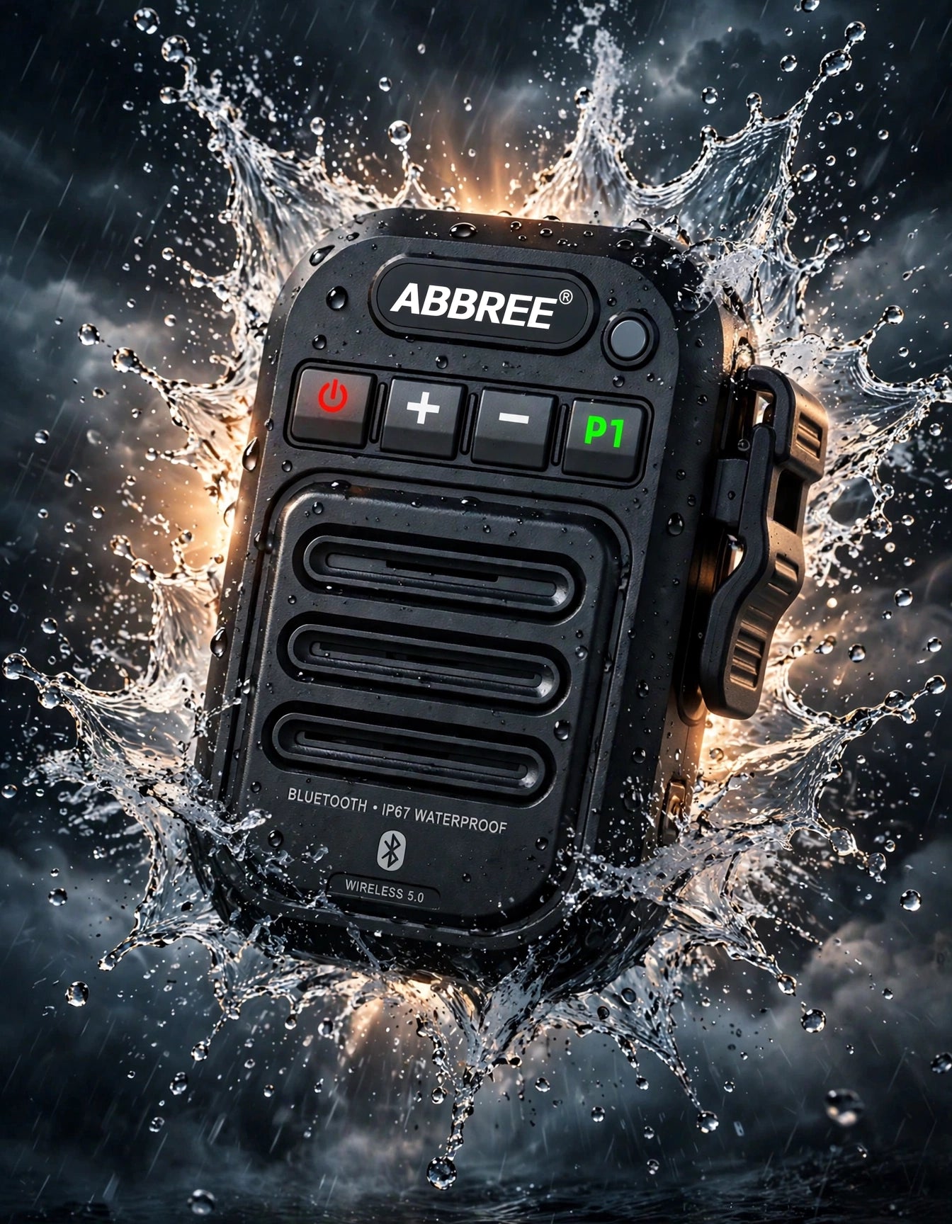 A black Abbree Bluetooth pet waterproof walkie-talkie is shown in a dramatic splash of water and rain, with the brand name 'ABBREE' clearly visible on the front.