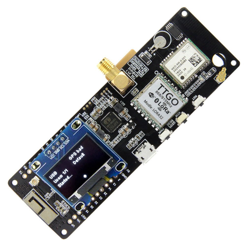 Electronic circuit board with microcontroller and display on a white background