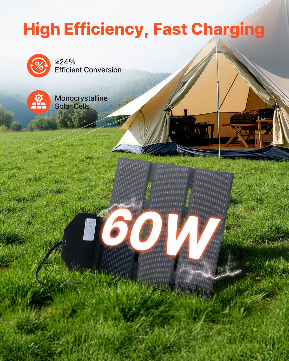 Solar panel with 60W rating in front of a tent in a grassy field, highlighting high efficiency and fast charging.