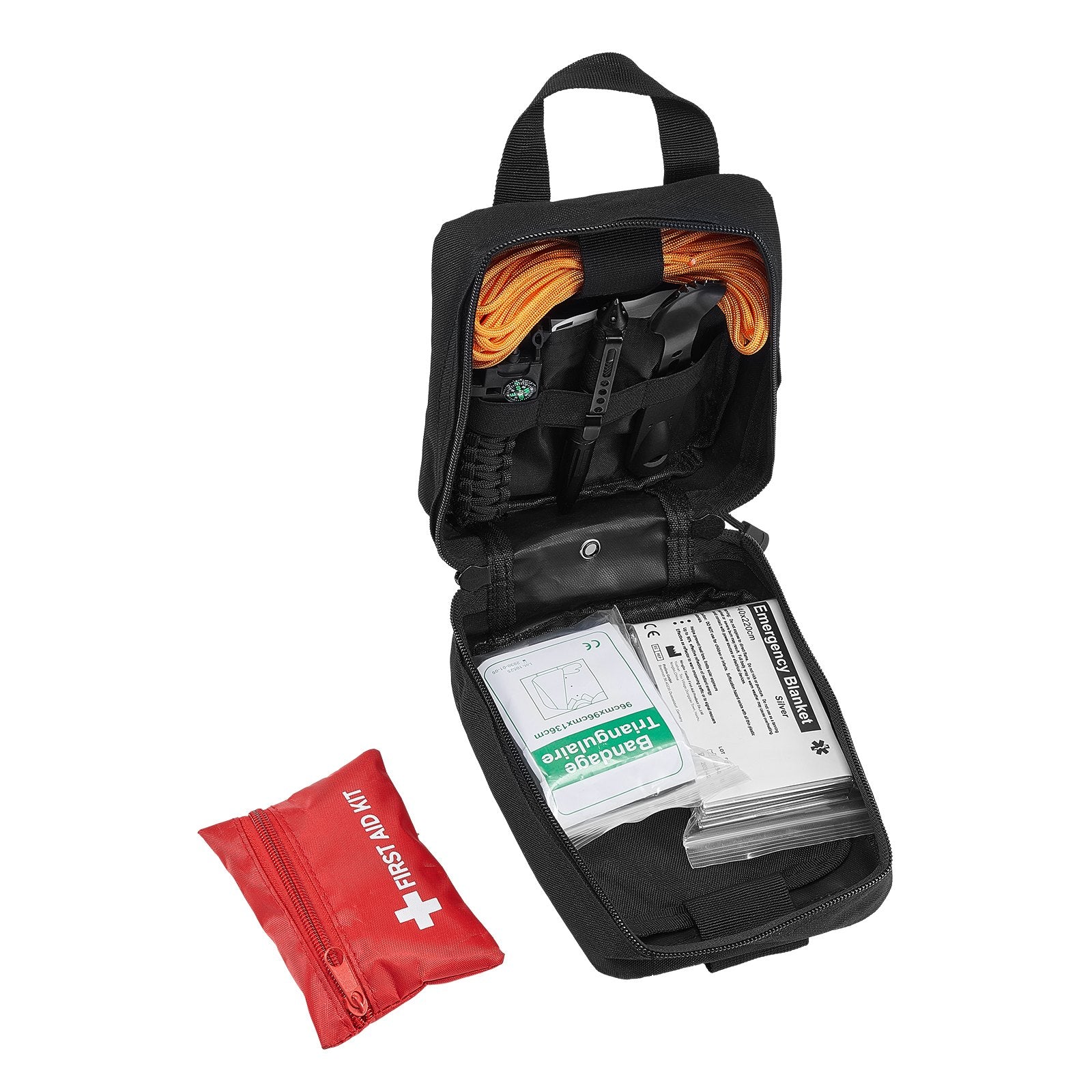 Open first aid kit with supplies on a white background