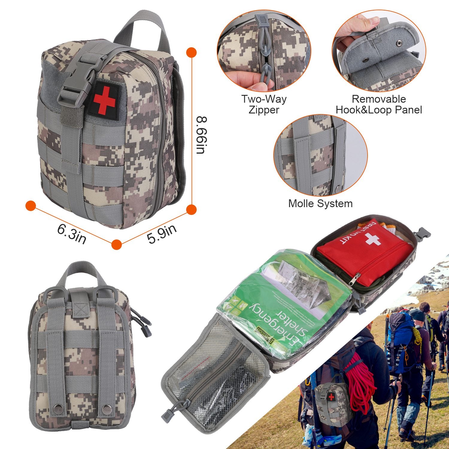 Camouflage medical backpack with features highlighted and people using backpacks in the background.