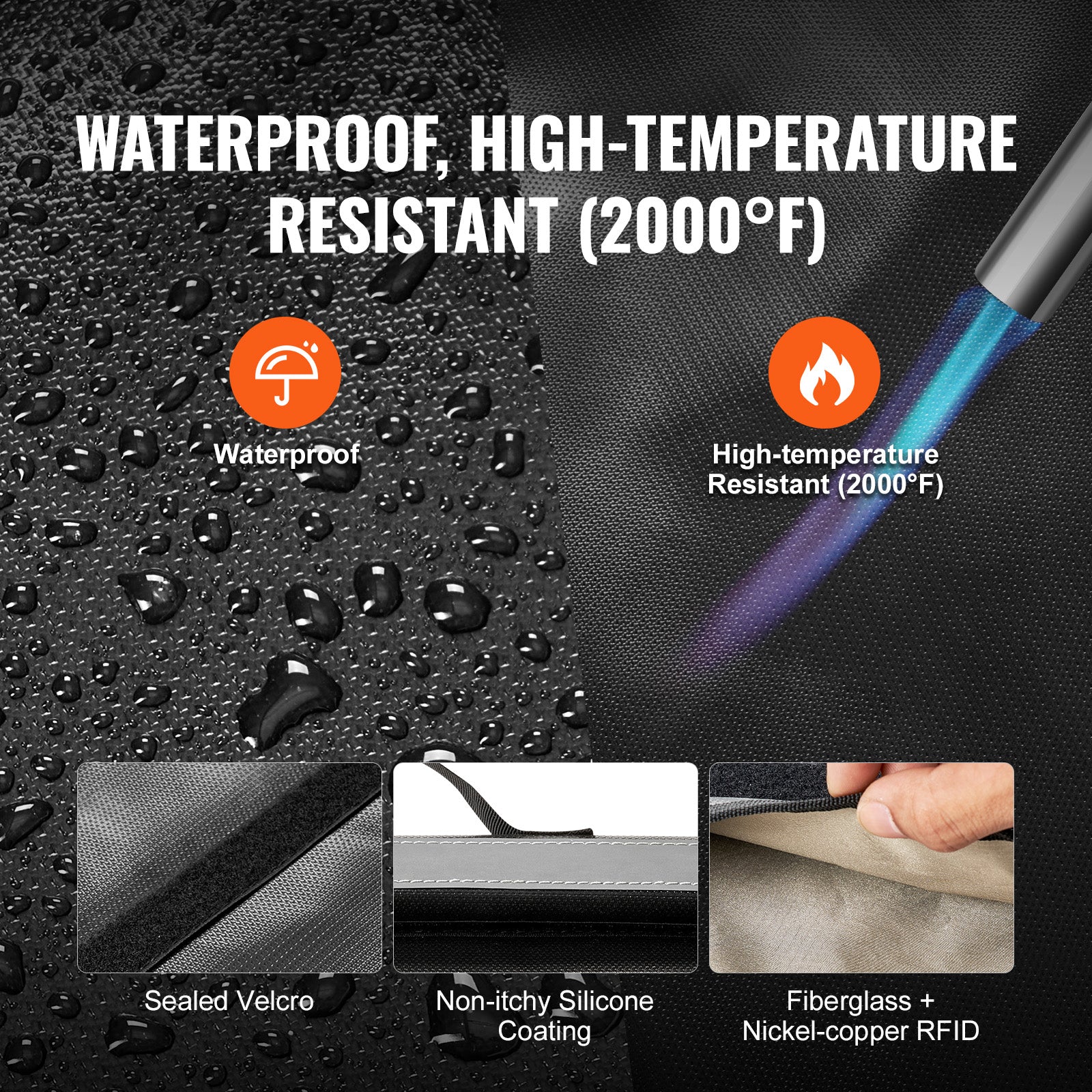 Product showcasing waterproof and high-temperature resistant properties with water droplets and a flame.